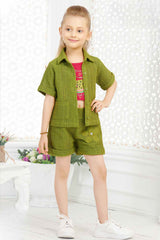 Western Olive Green Crochet Shirt And Shorts With Printed T Shirt Set For Girls