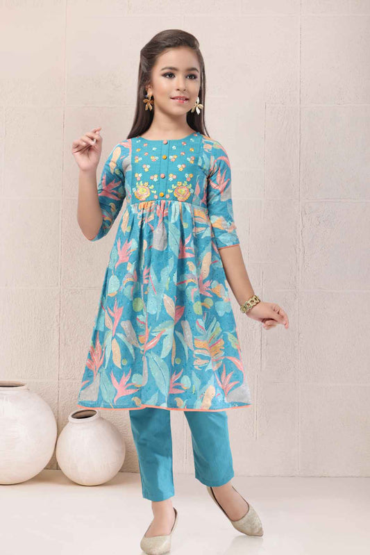 Sky Blue Floral Printed Ethnic Kurta Set For Girls