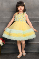 Yellow And Green Net Frock With Butterfly Embellishments For Girls