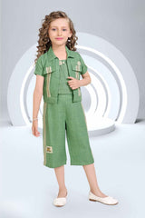 Green Crop Top And 3/4th Shorts Set With Lace Work Overcoat Set For Girls