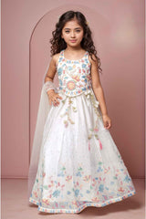 White Sequins Embroidered And Stone Work Lehenga Choli Set For Girls