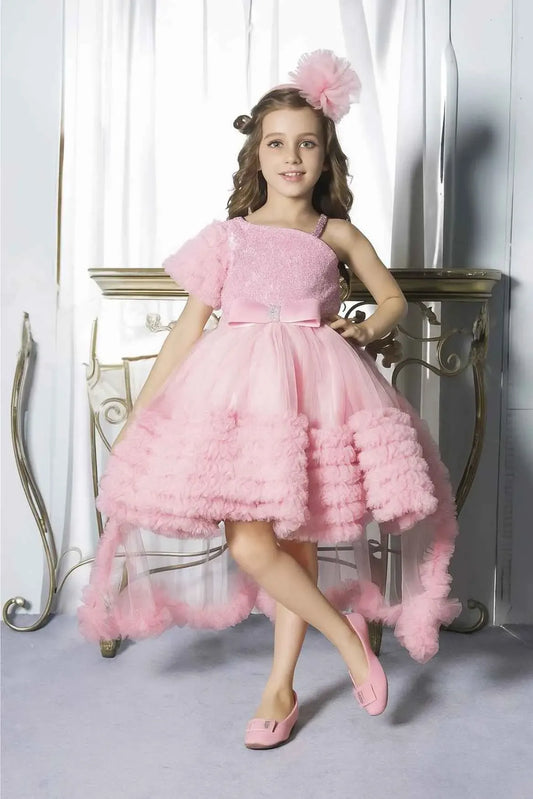 Pink Sequins Work With Bow Embellished Party Wear Tailback Frock For Girls