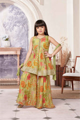 Green Sleeveless And Sequins Embroidery With Floral Printed Sharara Set For Girls