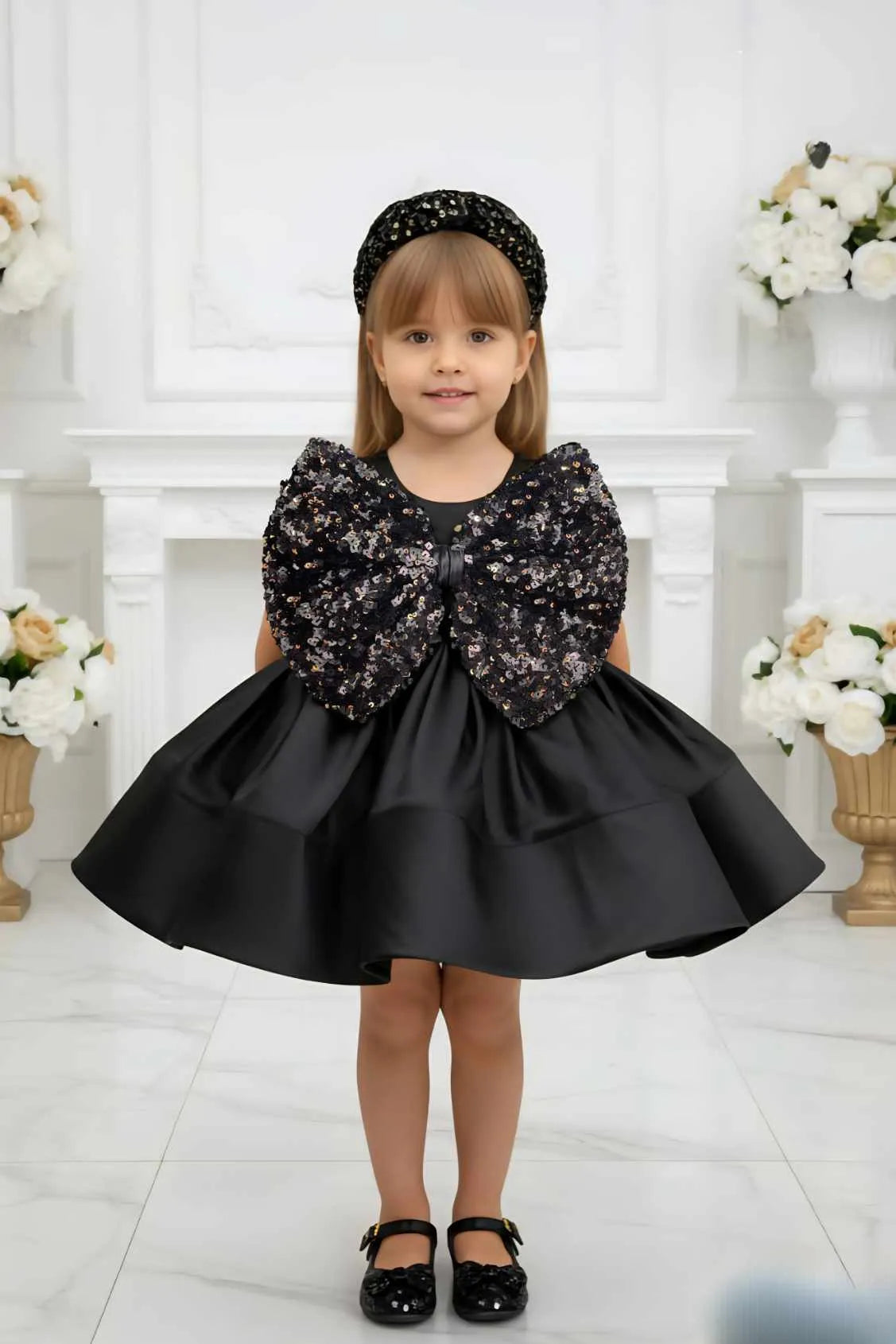 Black Sequin Bow Party Frock For Girls