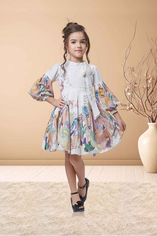 Cream 3/4th Sleeves And Printed Frock For Girls