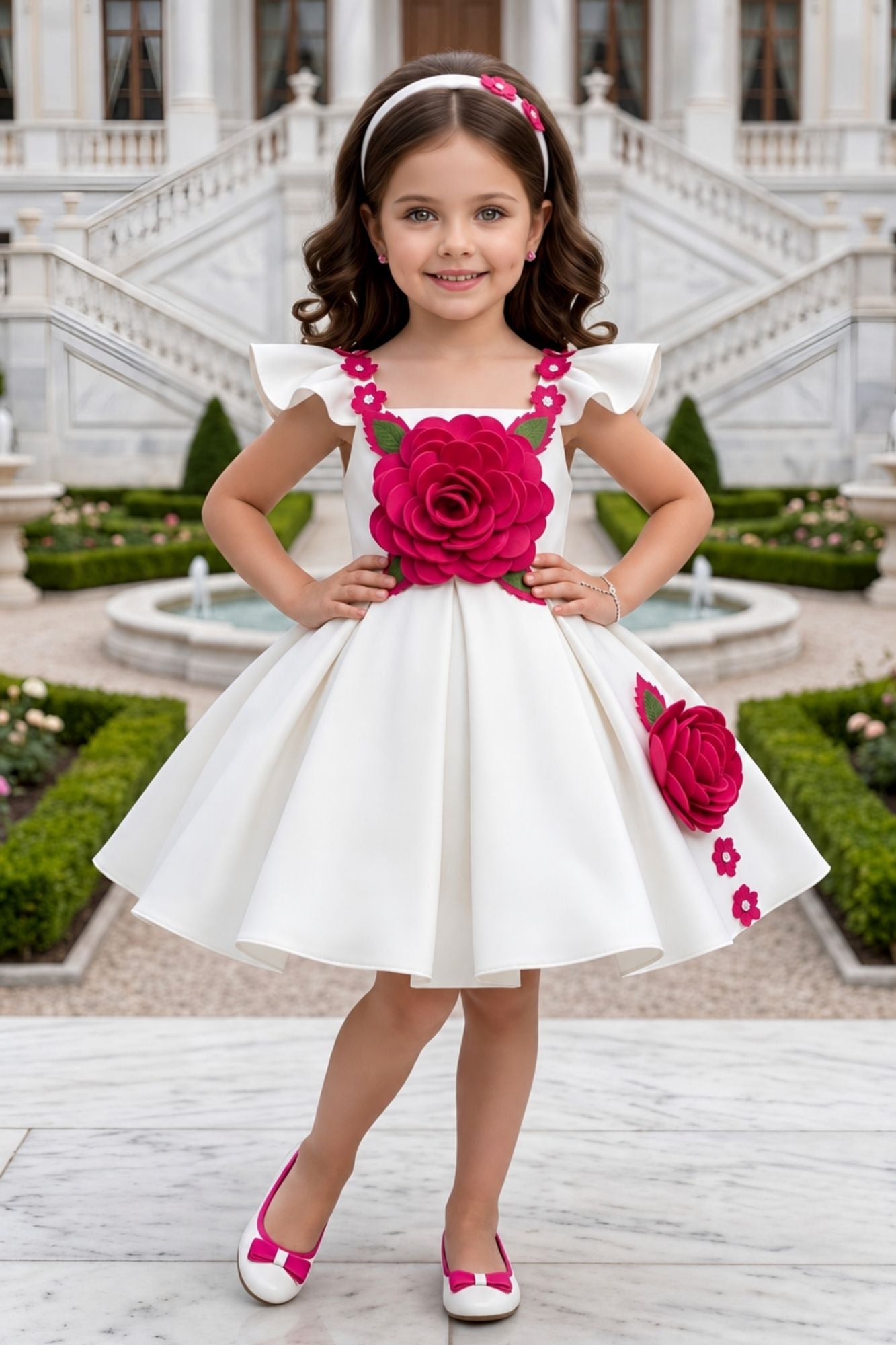 Girls White Party Wear Frock with 3D Rose Applique Detailing
