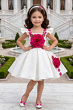 Girls White Party Wear Frock with 3D Rose Applique Detailing