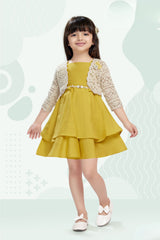 Girls Mustard Yellow Layered Frock With Lace Shrug And Floral Accent