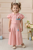 Girls Peach Pleated Co-Ord Set with Floral Patch Pocket