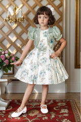 Floral Printed Cream Partywear Frock With Olive Green Overcoat For Girls