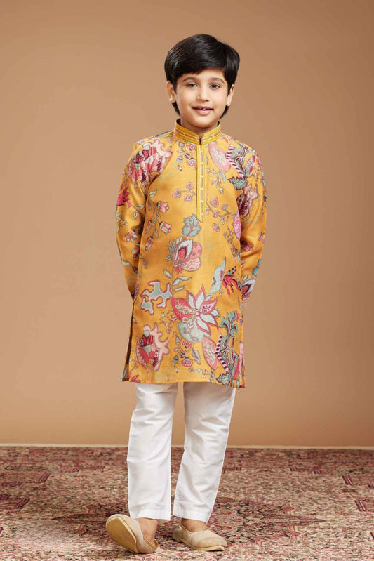 Mustard Full Sleeves With Floral Print And Embroidered Ethnic Kurta For Boys