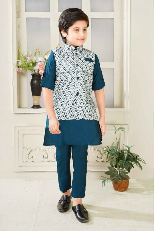 Teal Blue Kurta With White Sequin Embroidery Work Bandi Set For Boys