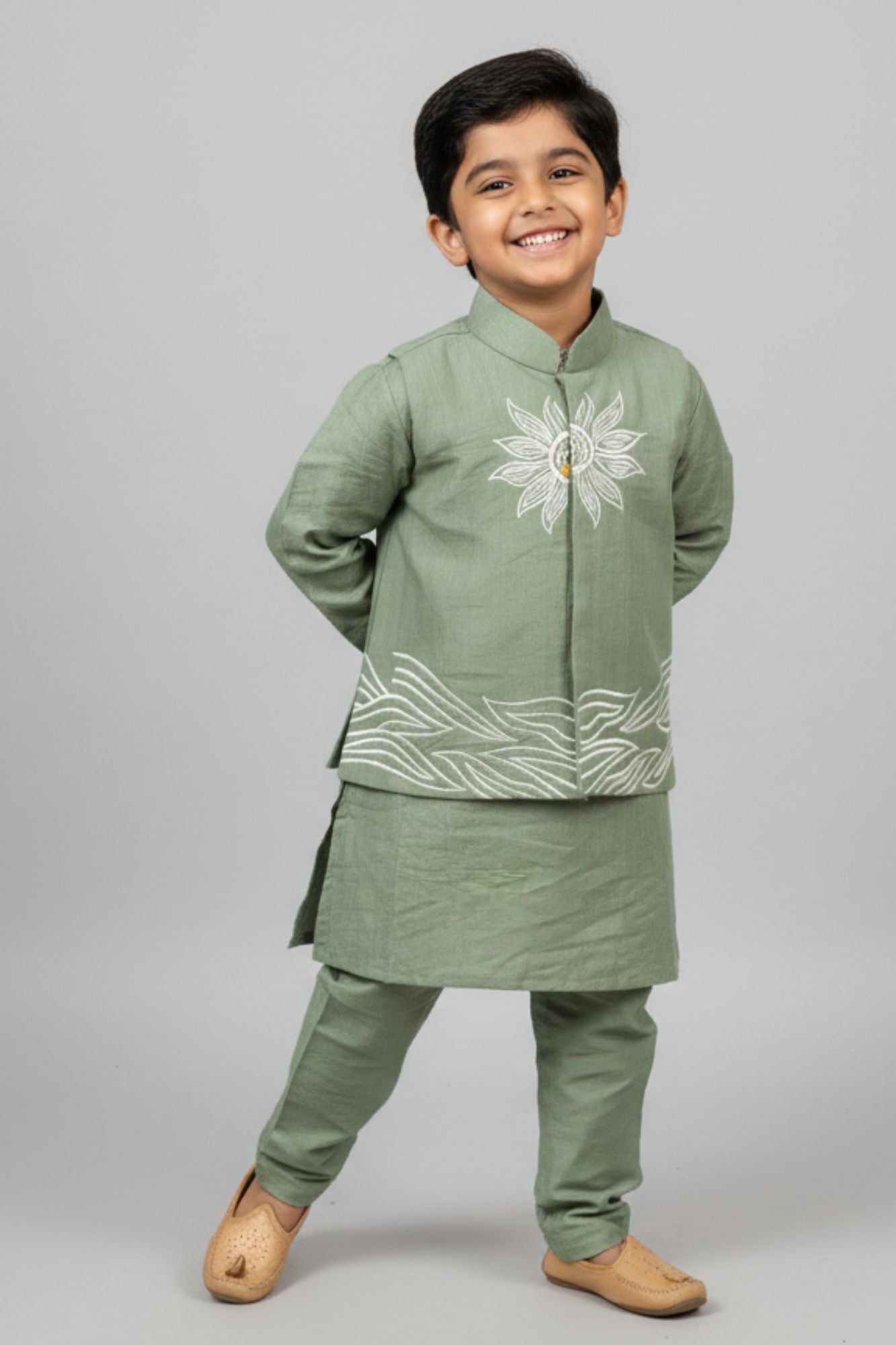 Pista Green Kurta with Embroidered Waist-coat For Boys