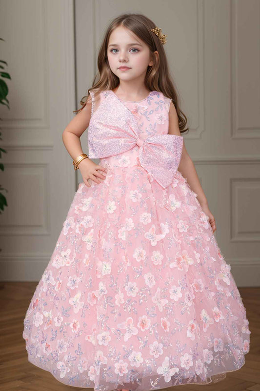 Pink Party Wear Gown With Sequin Flowers And Giant Bow For Girls