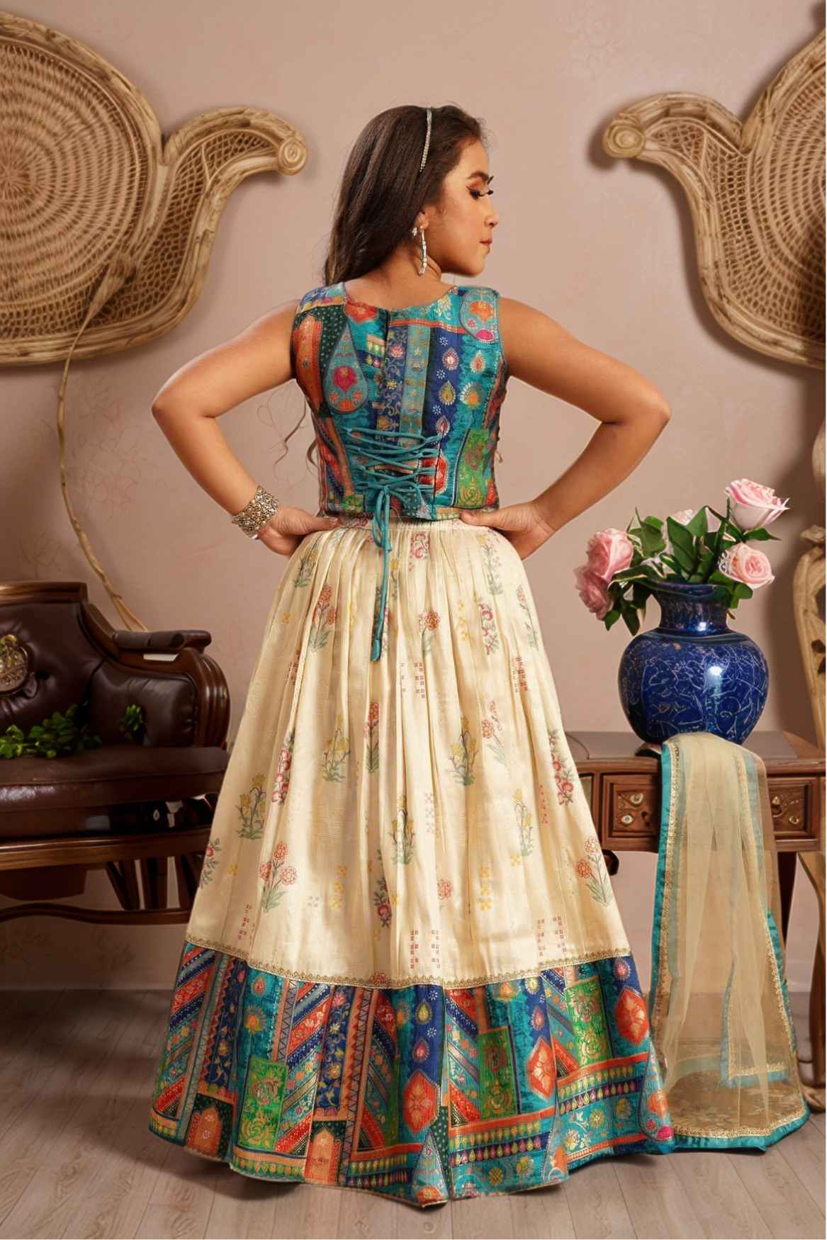 Multicolor Banarasi Silk Pattu Pavadai With Stone Work For Girls