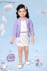 Stylish Lavender Dress With Over Coat And Sling Bag For Girls