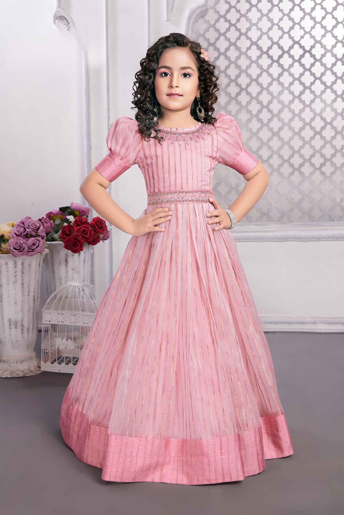 Pink Silk Sequins Gown With Puff Sleeves For Girls