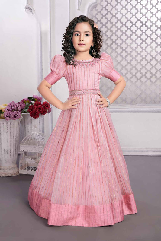 Pink Silk Sequins Gown With Puff Sleeves For Girls