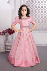 Pink Silk Sequins Gown With Puff Sleeves For Girls