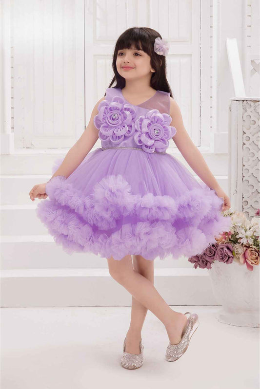 Purple Floral Embellished And Stone Work Party Wear Frock For Girls