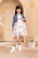 White Sleeveless Floral Printed Frock With Denim Overcoat For Girls