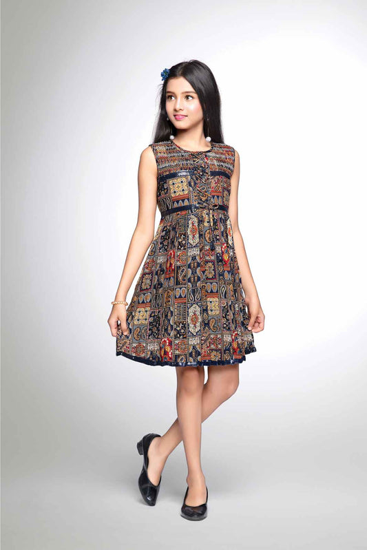 Navy Blue Motif Printed And Sequin Work Casual Frock For Girls