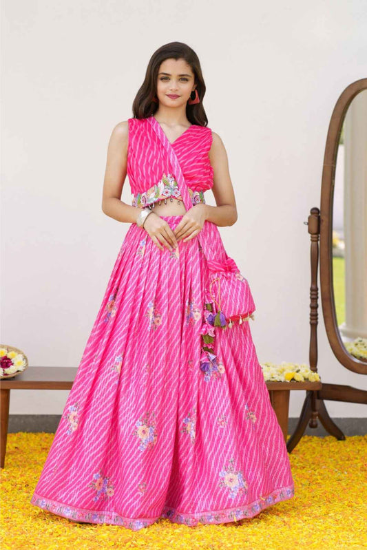 Elegant Pink & White Embroidered Ghagra Choli Set With Sling Potli Bag For Girls