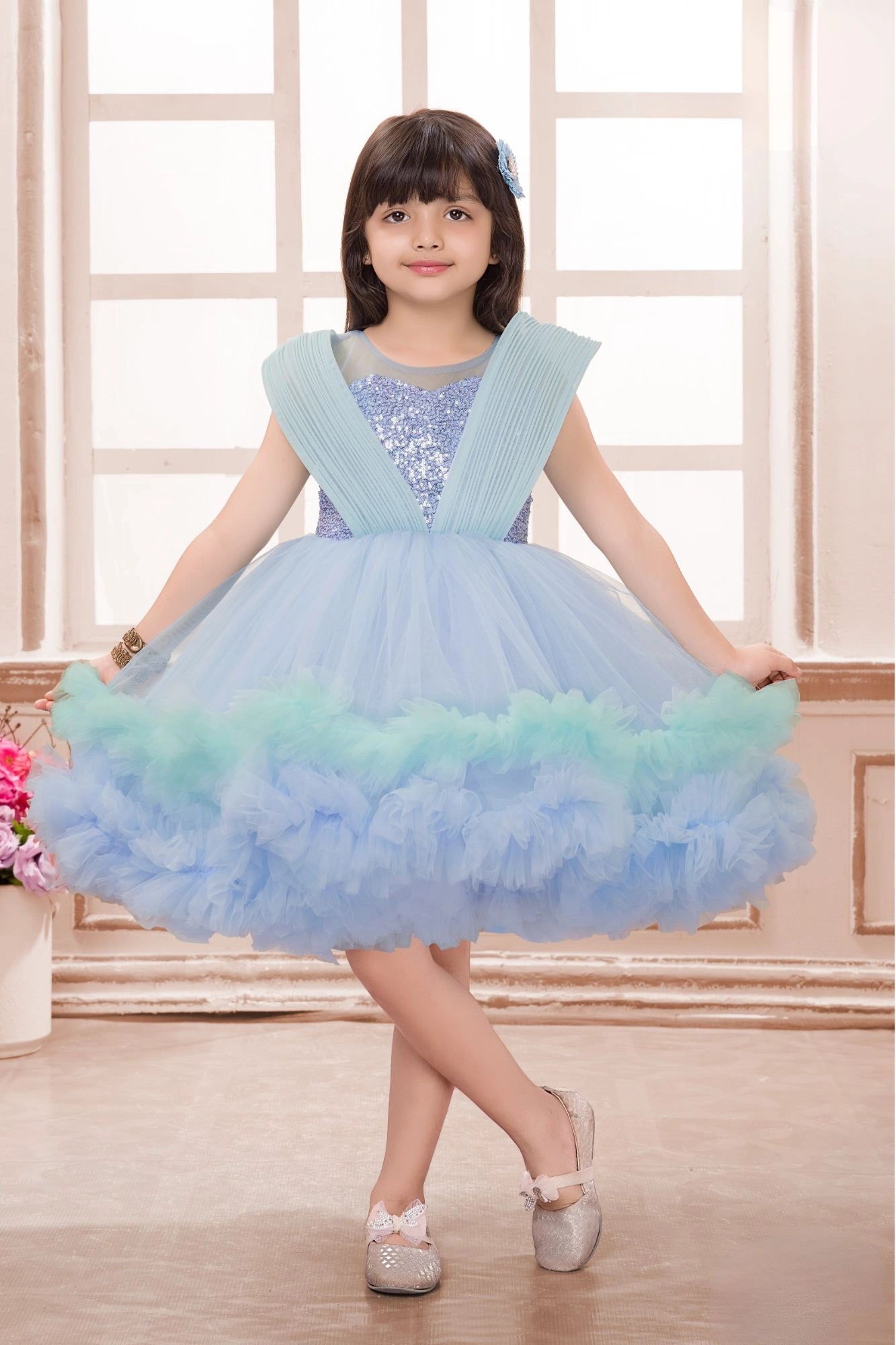 Blue Ruffle Party Frock with Sequins Embellishment For Girls