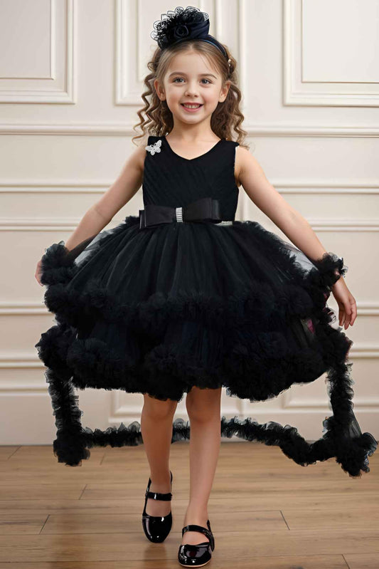 Black Net Party Wear Tailback Frock Embellished With Bow For Girls - Lagorii Kids