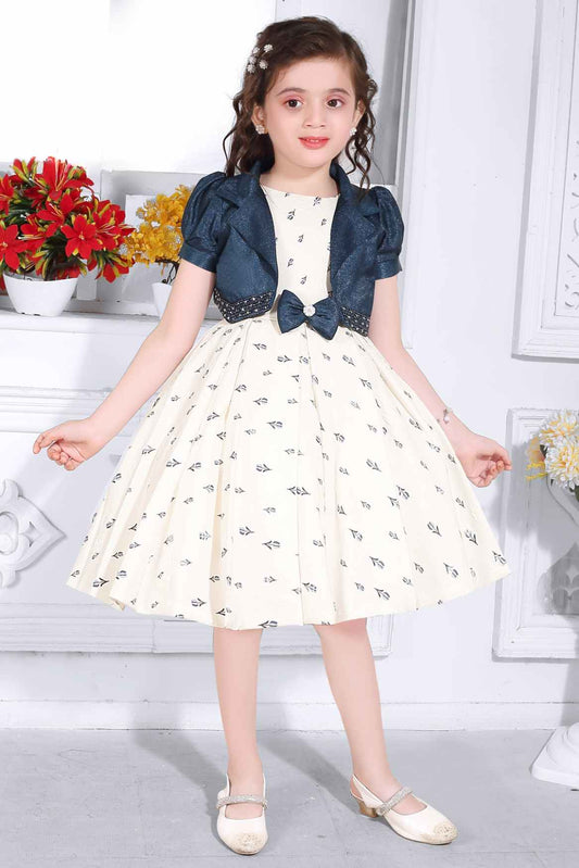 Floral Printed Off White Partywear Frock With Blue Overcoat For Girls