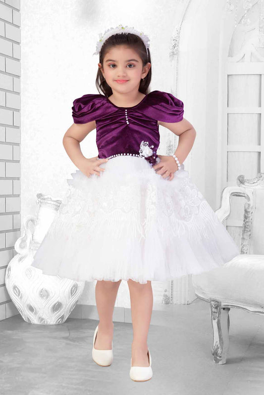 Purple And White Embroidery And Sequin Frock For Girls