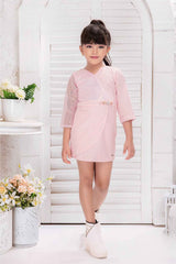 Pink 3/4th Sleeves And Sequins Work With Floral Embellished Dress For Girls