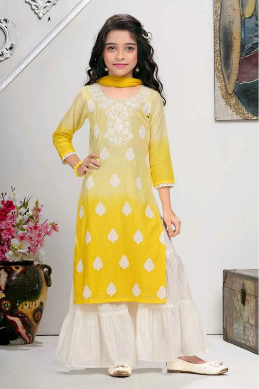 Yellow And White Thread Work And Sequins Sharara Set For Girls