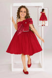 Cherry Red Party Frock With Sequin Bow And 3D Flower Detail For Girls