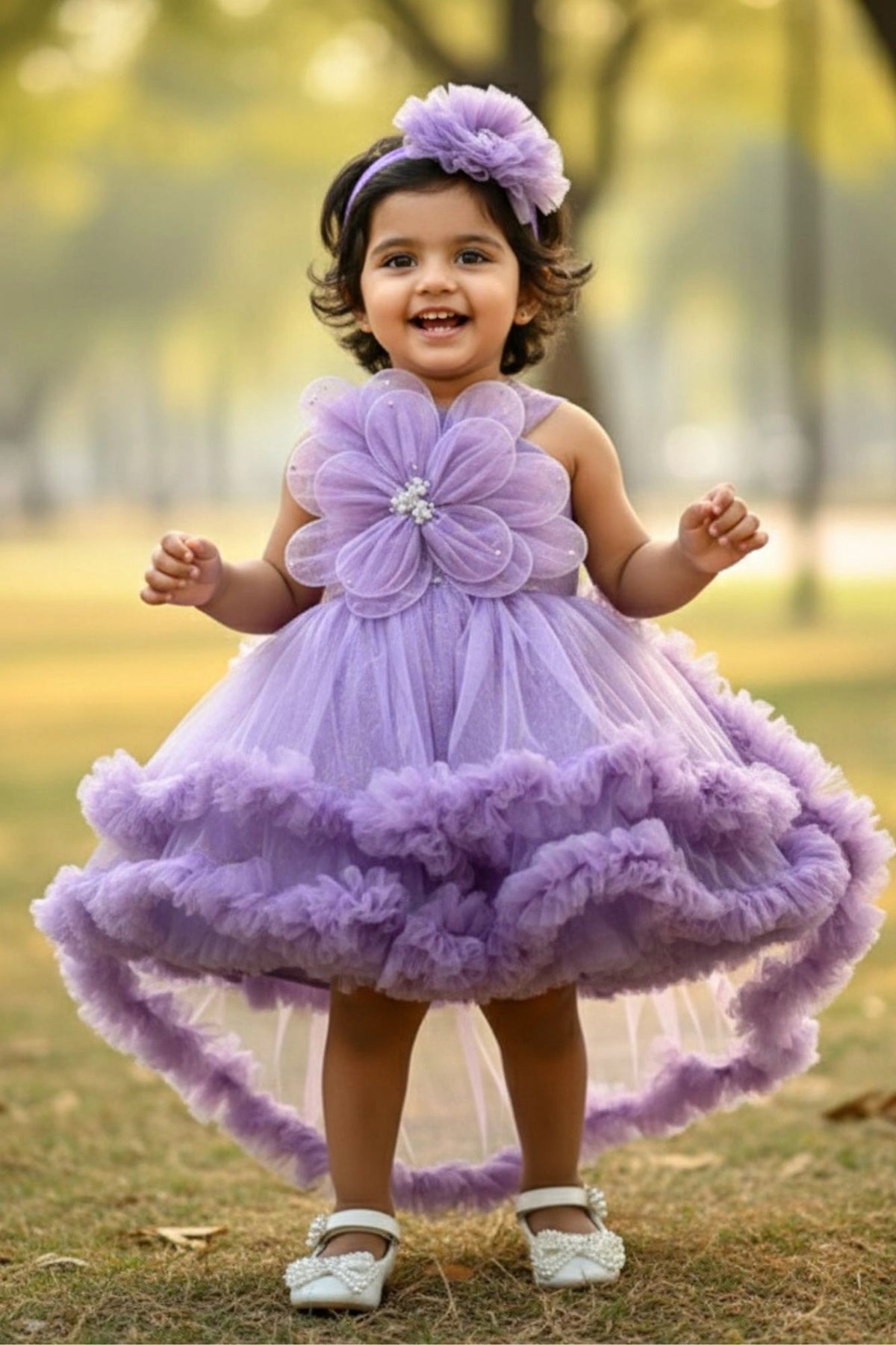 Lavender Embellished Party Wear Frock with 3D Floral Appliqué With Tailback For Girls