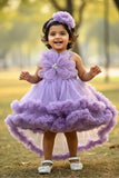 Lavender Embellished Party Wear Frock with 3D Floral Appliqué With Tailback For Girls