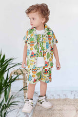 Green Printed Shirt And Short With White T-shirt Set For Boys