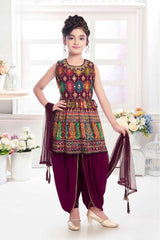 Wine Embroidered And Sequin Work Top With Dhoti Bottom Set For Girls