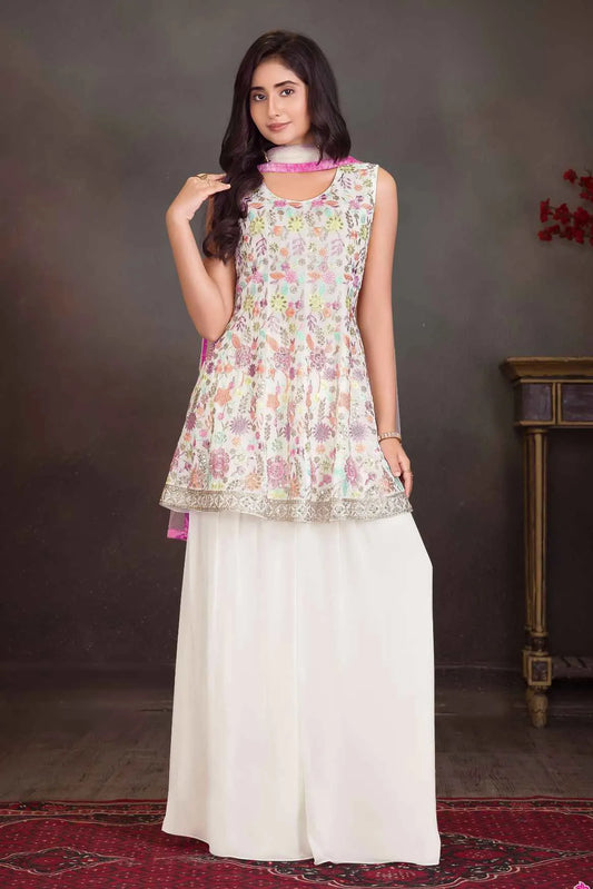 White Palazzo Set with Multicolor Floral Embroidered Top And Dupatta for Girls