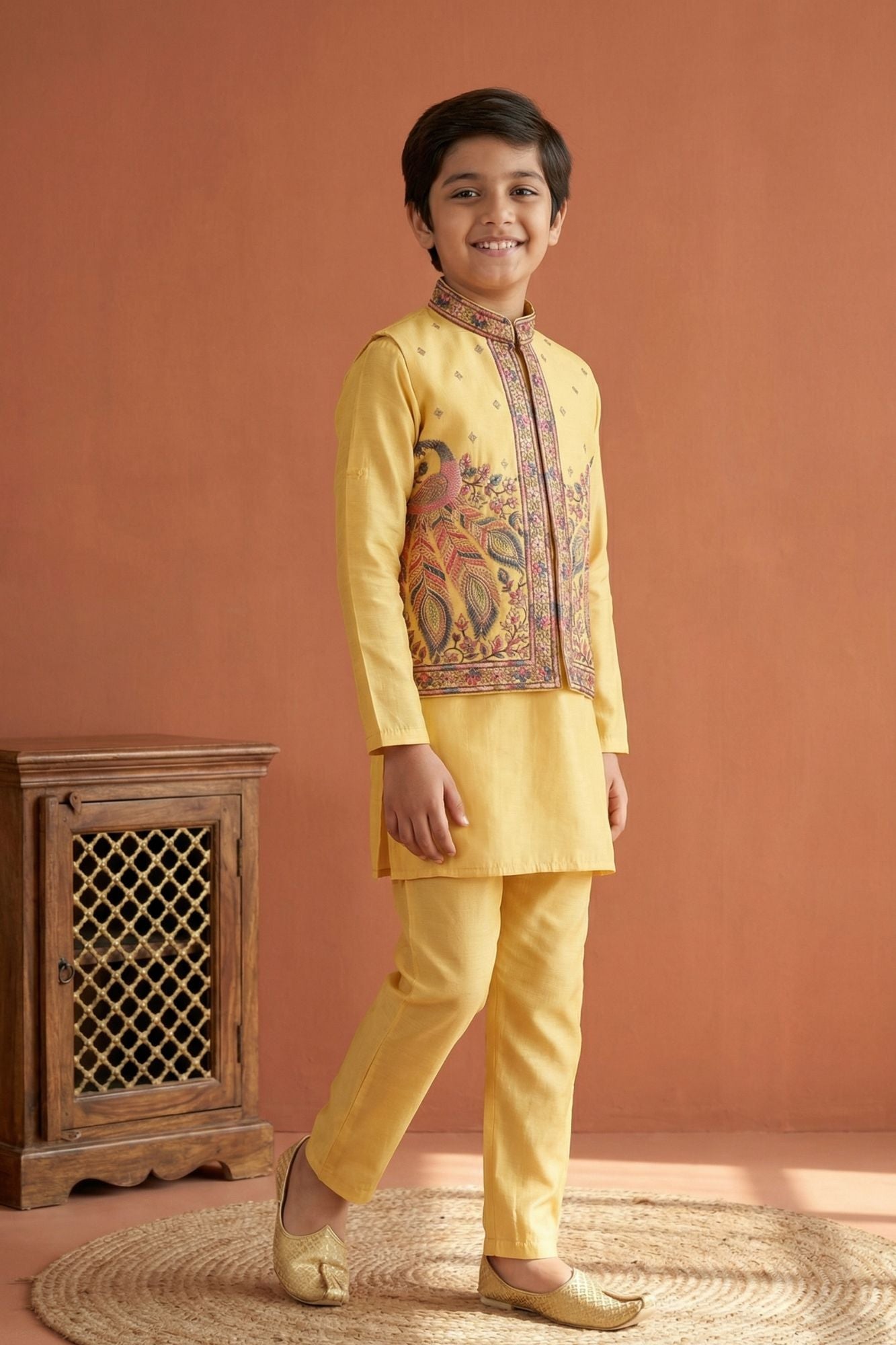 Mustard Yellow Embroidered Kurta Set with Nehru Jacket For Boys