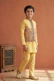 Mustard Yellow Embroidered Kurta Set with Nehru Jacket For Boys