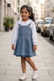 Girls Blue Denim Dungaree Set With Embroidered Detail And White Top