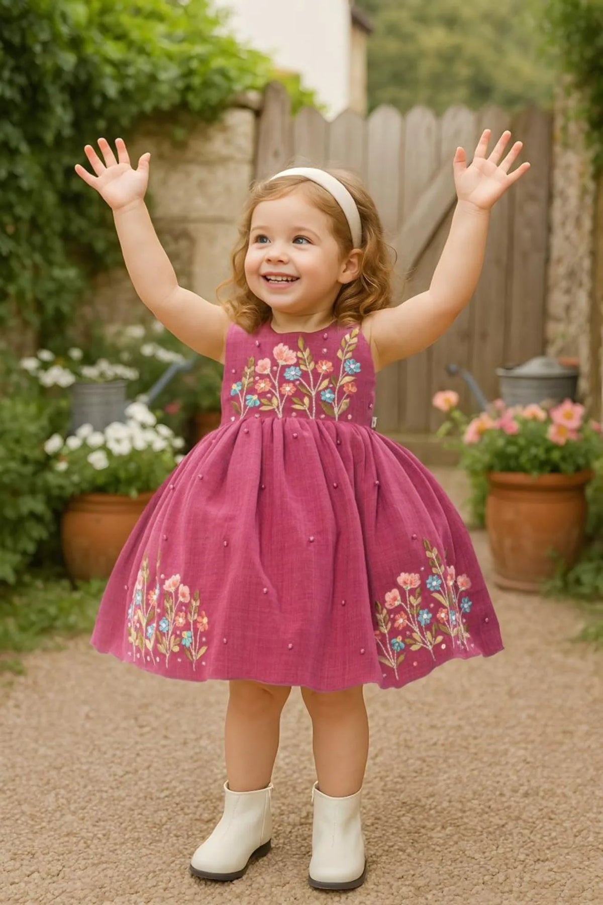 Berry Pink Embroidered Fit And Flare Dress For Girls