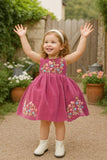 Berry Pink Embroidered Fit And Flare Dress For Girls