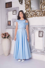 Designer Sky Blue Satin Gown With Stone Waist Band For Girls