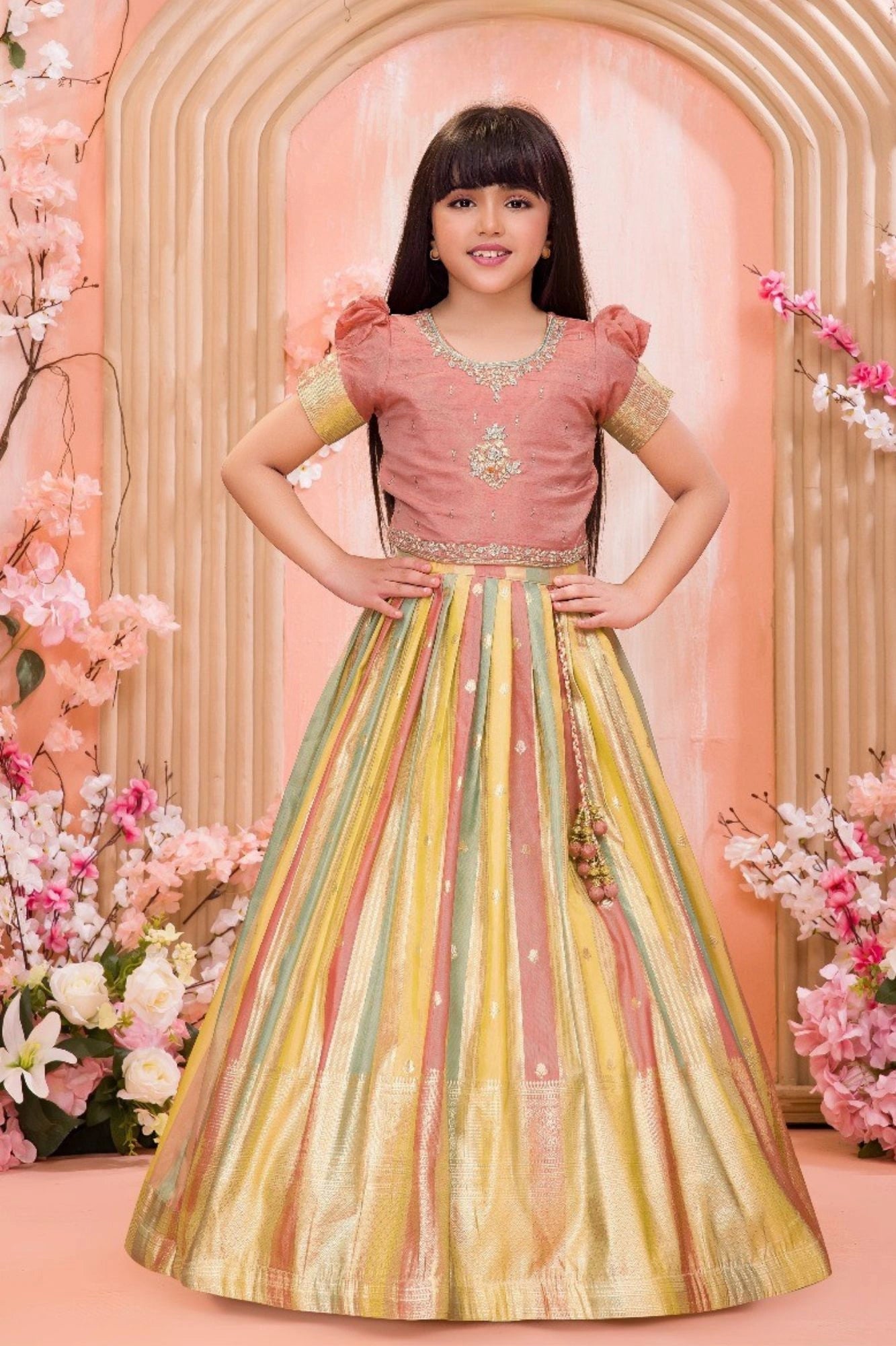 Multicolor Silk Embroidered Pattu Pavadai with Puff Sleeves For Girls