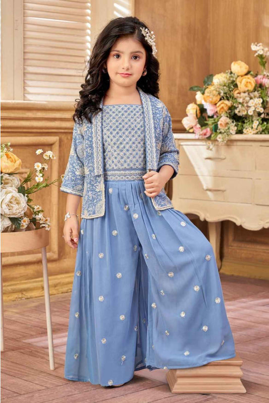 Stylish Blue Embroidered And Sequin Palazzo Set With Overcoat For Girls