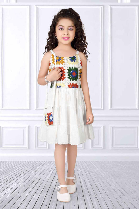 White Casual Frock With Crochet Work For Girls