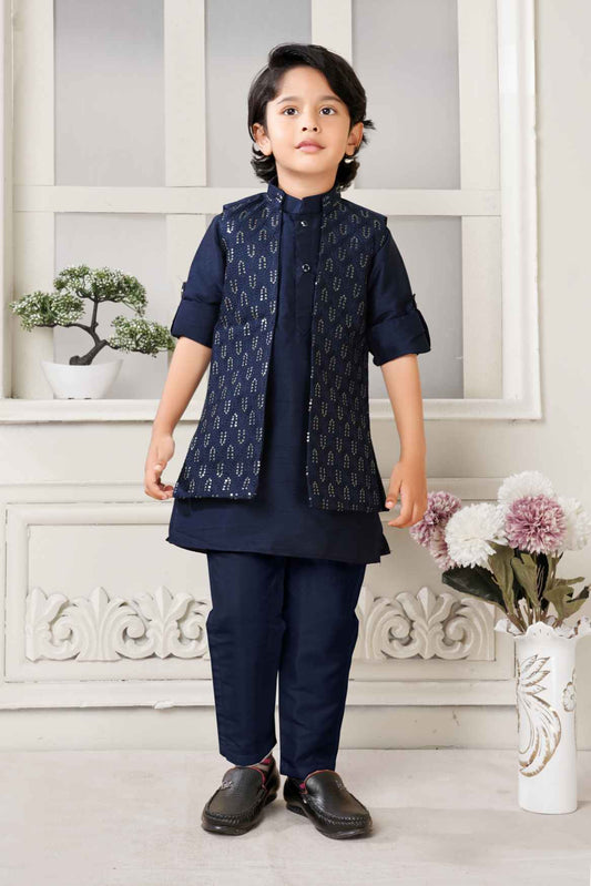 Classic Navy Blue Kurta Set With Overcoat For Boys