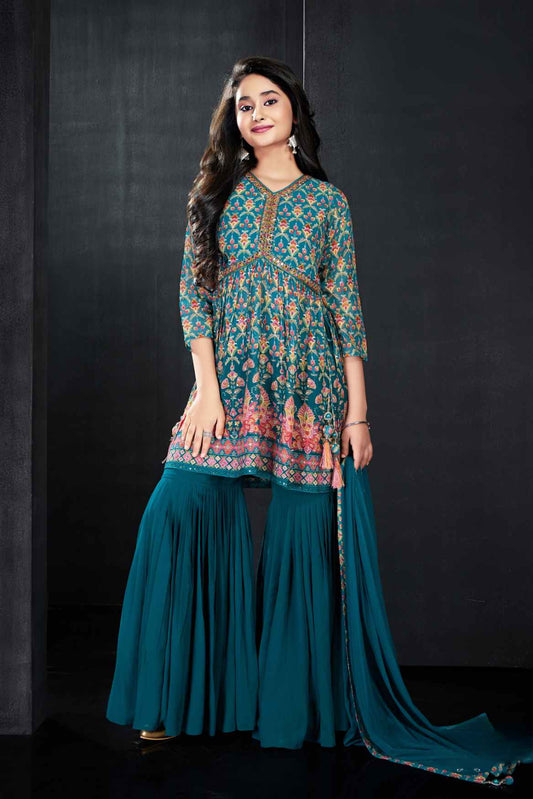 Teal Blue Printed And Mirror Work Top With Sharara Set For Girls